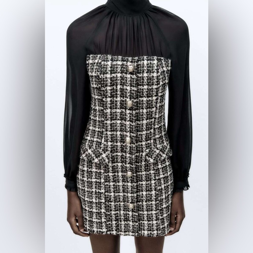 Zara Black and White Tweed Dress with gold buttons